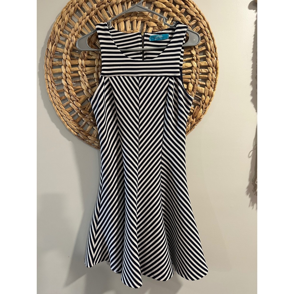 Buttons Navy Blue White Striped Fit and Flare Dress Sleeveless Chevron Ribbed